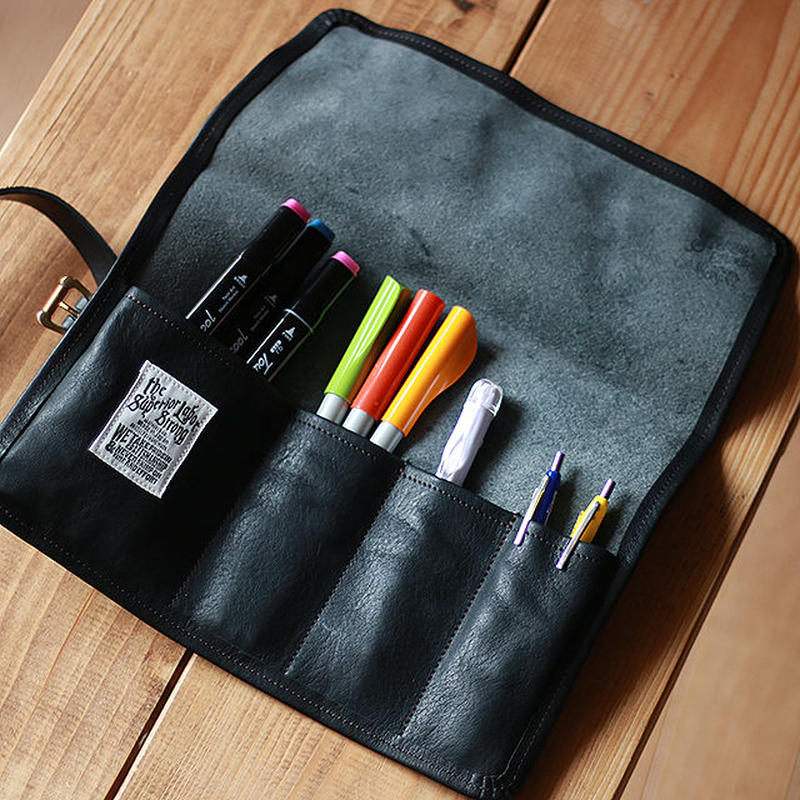 TSL Leather Roll Pen Case Dark Brown