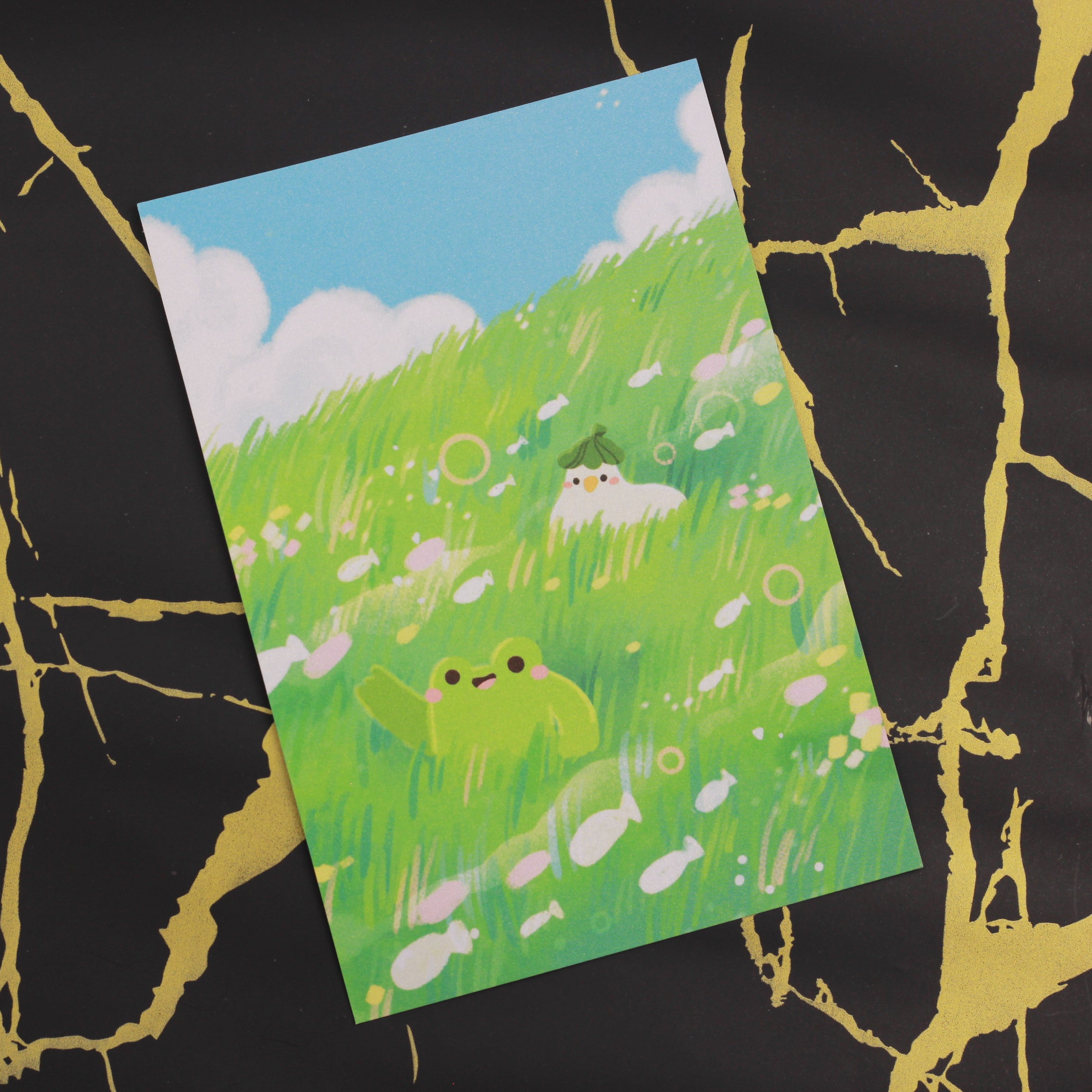 PANDA YOONG Frog & Ducky Green Magical Field Postcard