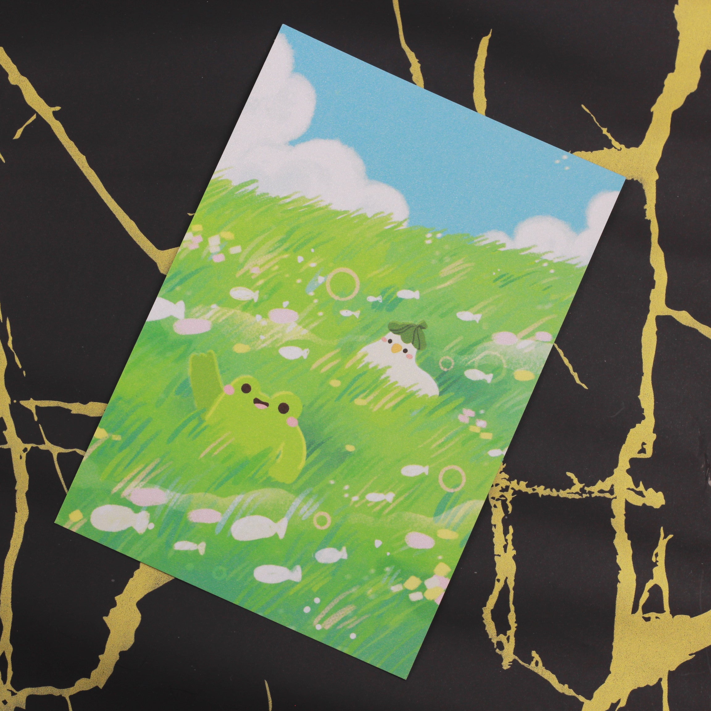 PANDA YOONG Frog & Ducky Green Magical Field Postcard