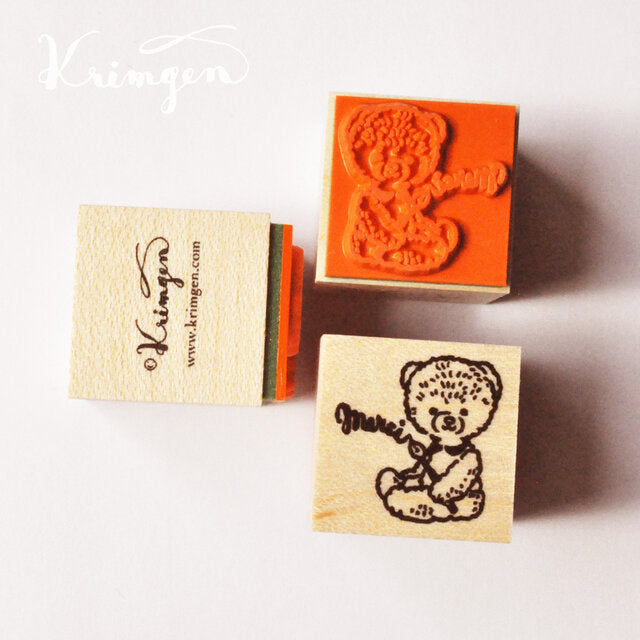 KRIMGEN Wooden Rubber Stamp Bear Sitting & Holding Pen