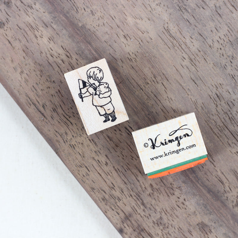 KRIMGEN Wooden Rubber Stamp Girl & Rabbit