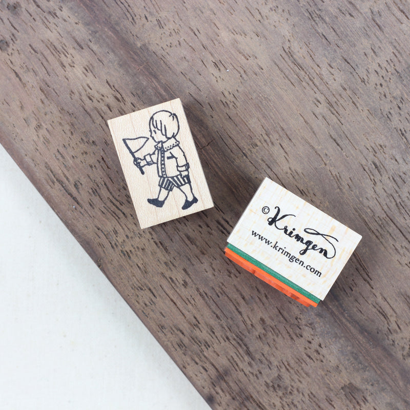 KRIMGEN Wooden Rubber Stamp Girl Holding Flag