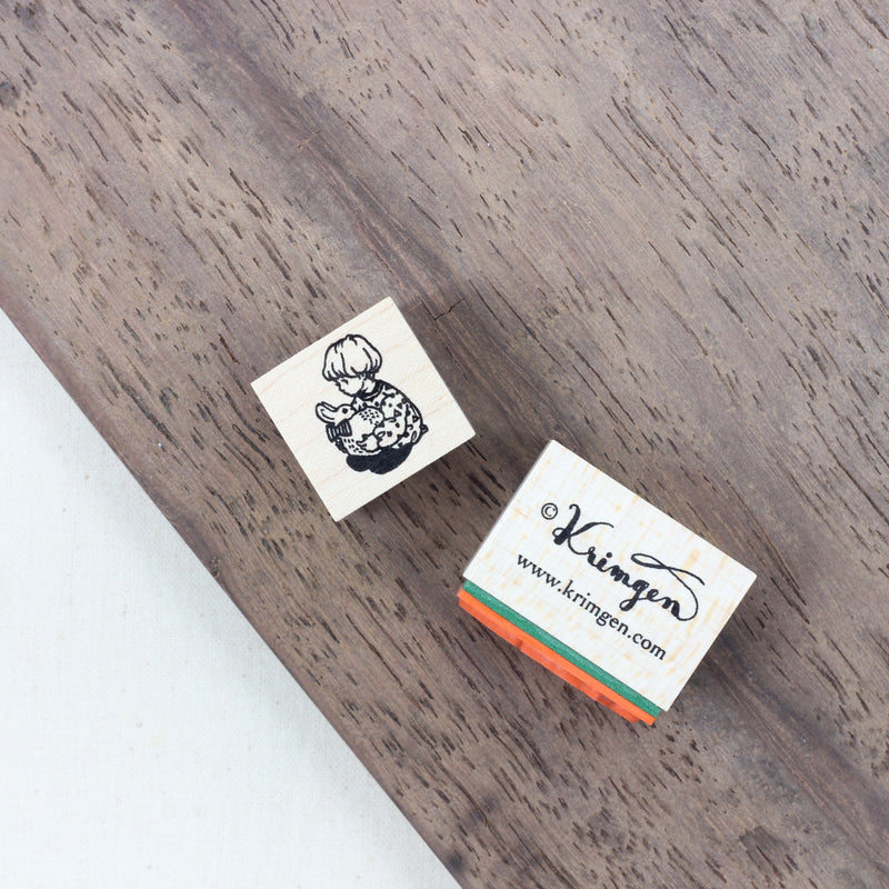 KRIMGEN Wooden Rubber Stamp Girl Holding Rabbit