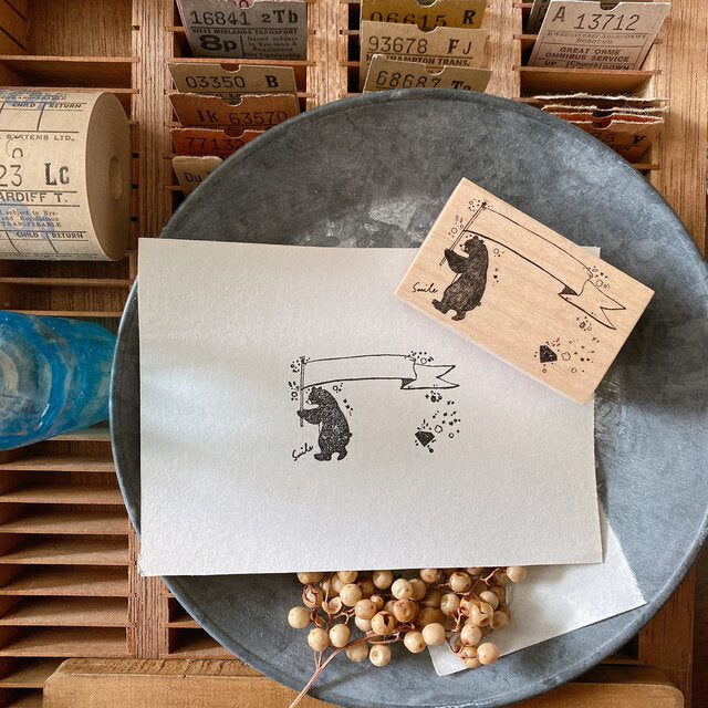 NONNLALA Bear with Flag Smile Rubber Stamp