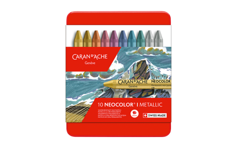 CARAN D'ACHE Neocolor I Wax Pastels Metal Box 10 Metallic Pastels