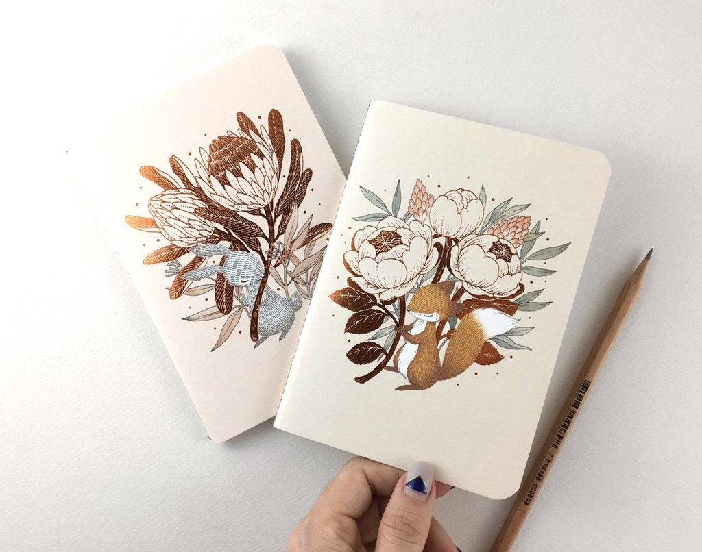WHIMSY WHIMSICAL Pocket Notebook Copper Foil Rabbit & King Protea