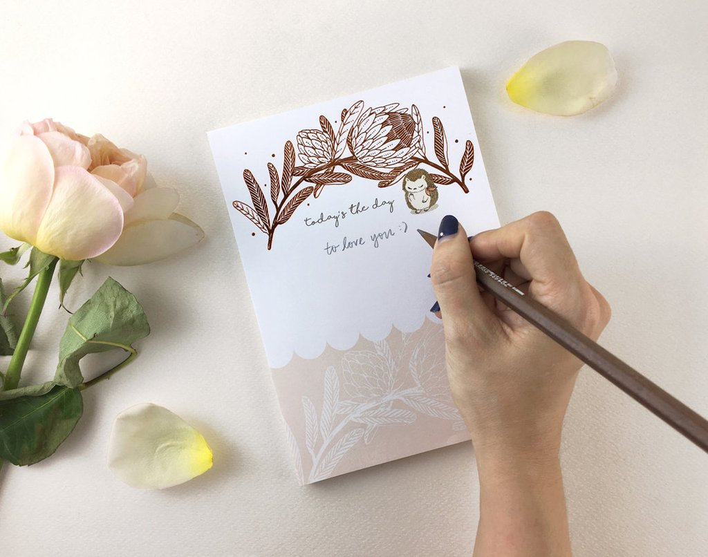 WHIMSY WHIMSICAL Notepad Copper Foil Hedgehog & King Protea
