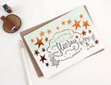 WHIMSY WHIMSICAL Greeting Card Copper Foil Let's Celebrate, Hip Hip Hooray