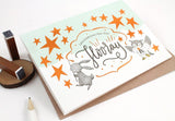 WHIMSY WHIMSICAL Greeting Card Copper Foil Let's Celebrate, Hip Hip Hooray